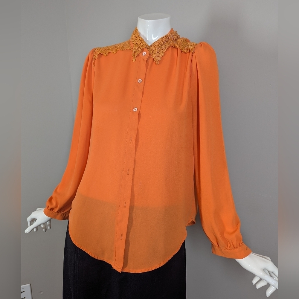 Vintage Sheer Orange Blouse with Crochet Collar | Romantic Poet Top | Size S